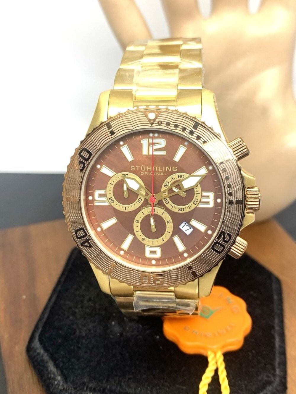 Stuhrling Original 218 Men's Watch Quartz Chronograph Brown Dial Gold Steel 44mm